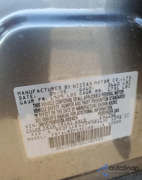 2025 Nissan Kicks Play S z USA, uszkodzony, nr VIN 3N1CP5BV5SL482424